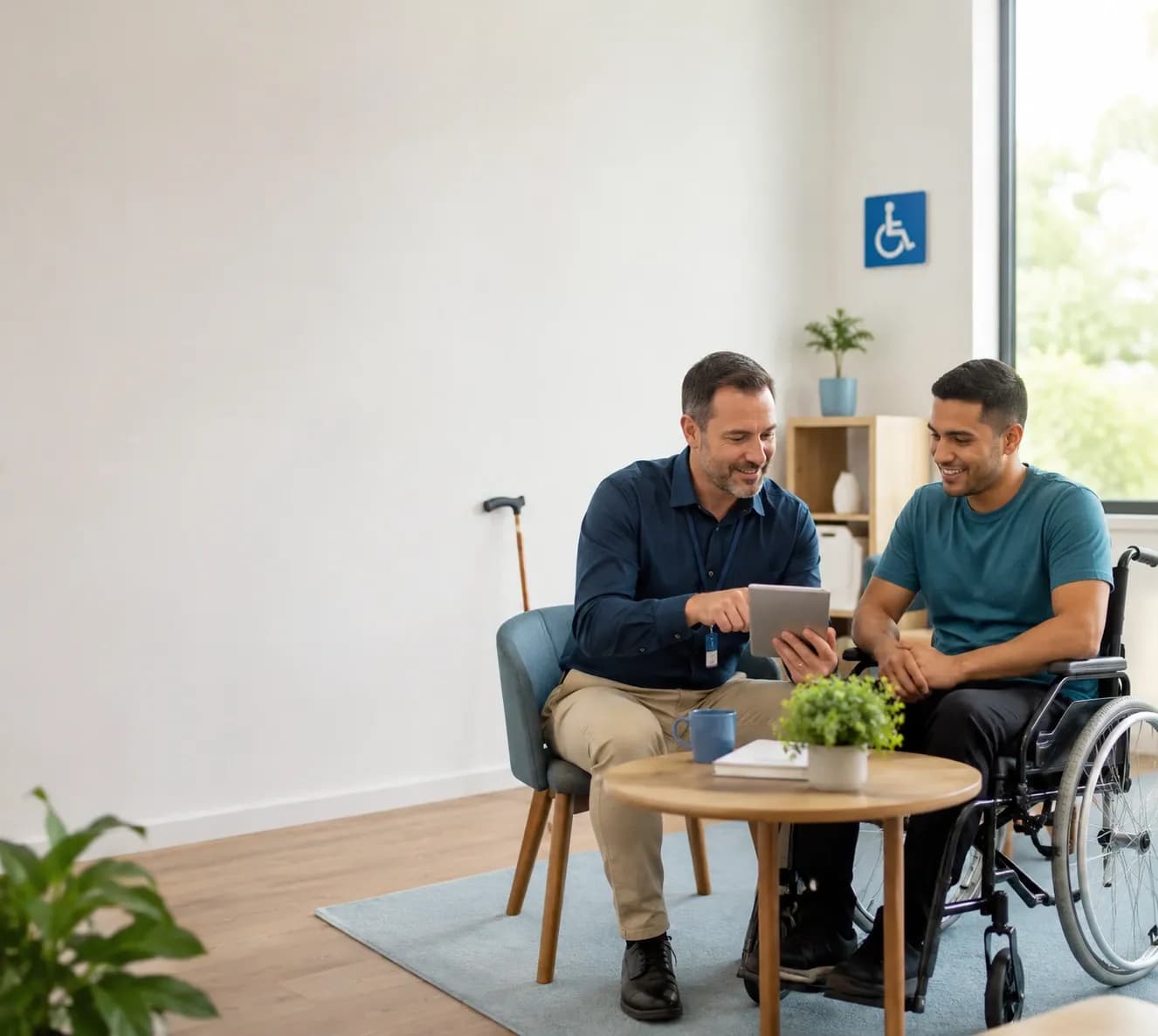 Australian NDIS support coordinator explaining NDIS eligibility to a client during a professional consultation in a modern accessible office.